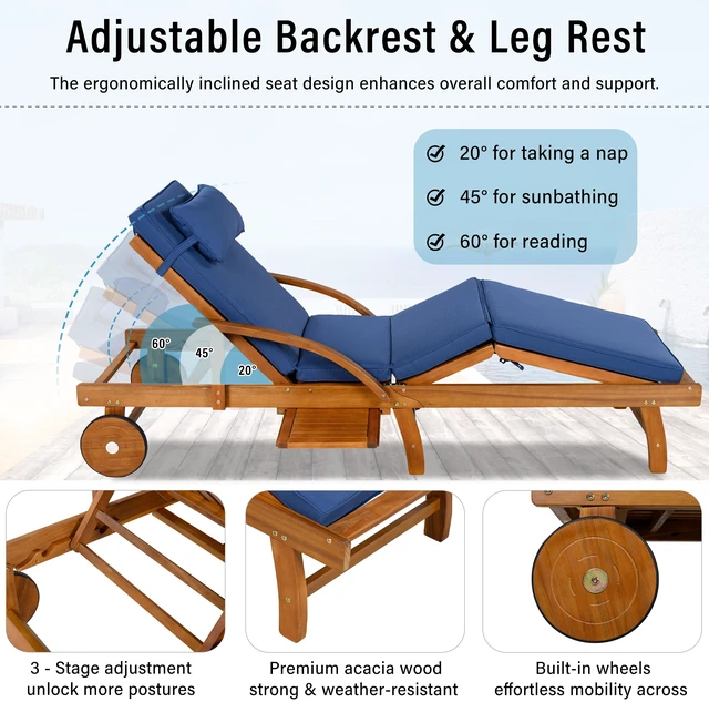 Alt view image 5 of 7 - 77.5 Inch Adjustable Outdoor Lounge Chair Wood Frame with Cushions, Reclining Backrest and Leg Rest Headrest