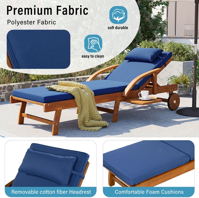 Alt view image 6 of 7 - 77.5 Inch Adjustable Outdoor Lounge Chair Wood Frame with Cushions, Reclining Backrest and Leg Rest Headrest