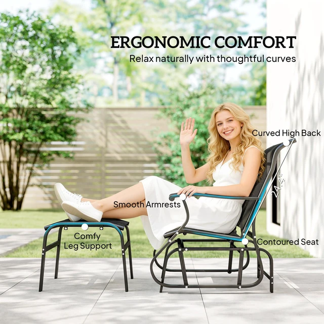 Alt view image 5 of 7 - Outdoor Glider Chair with Ottoman, Patio Glider Set with 24.4 Inch High Back 22 Inch Wide Seat 2 Piece Outdoor Lounge