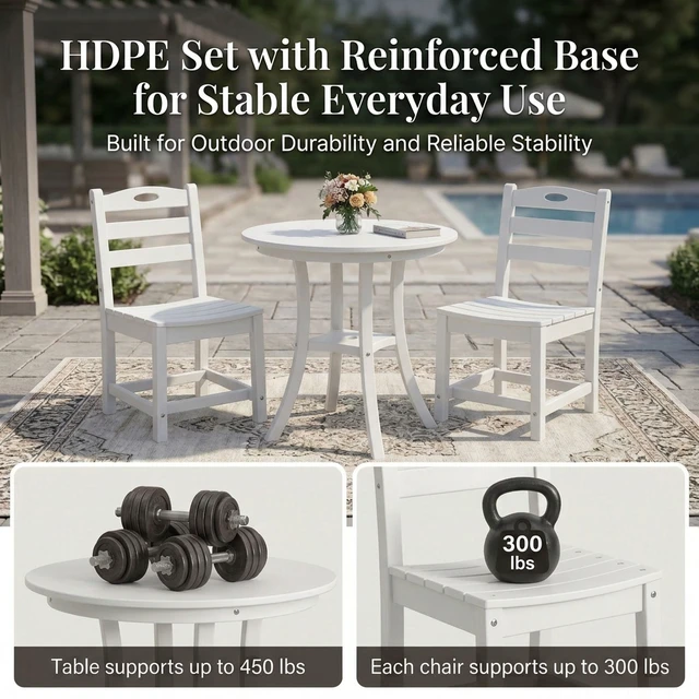 Alt view image 3 of 6 - 3 Piece Outdoor Bistro Set Round Table Set Patio Dining Chairs, White, HDPE, Patio Furniture Sets