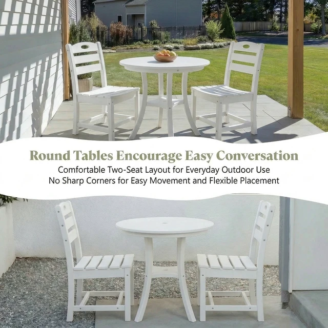 Alt view image 4 of 6 - 3 Piece Outdoor Bistro Set Round Table Set Patio Dining Chairs, White, HDPE, Patio Furniture Sets