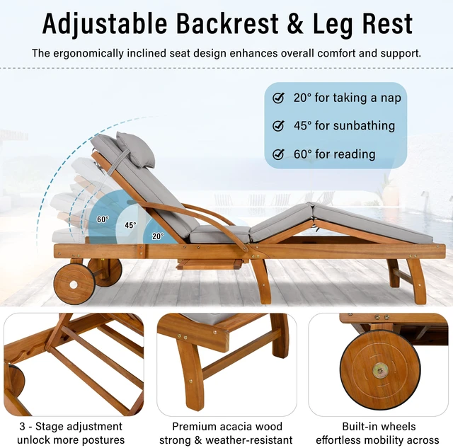 Alt view image 5 of 7 - 77.5 Inch Adjustable Outdoor Lounge Chair Wood Frame with Cushions, Reclining Backrest and Leg Rest Headrest