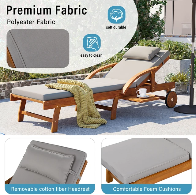 Alt view image 6 of 7 - 77.5 Inch Adjustable Outdoor Lounge Chair Wood Frame with Cushions, Reclining Backrest and Leg Rest Headrest