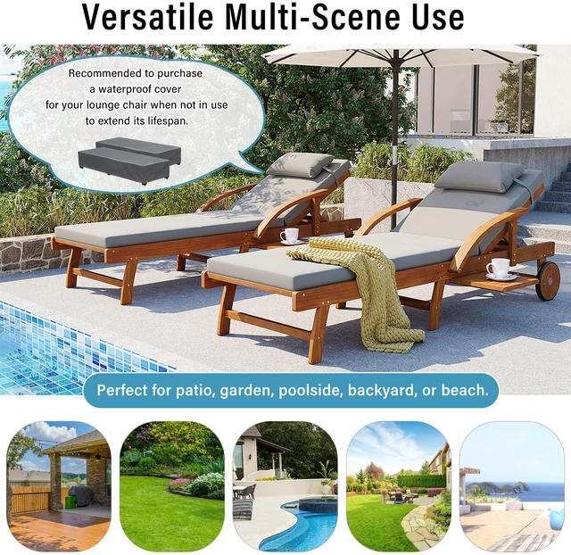 Alt view image 7 of 7 - 77.5 Inch Adjustable Outdoor Lounge Chair Wood Frame with Cushions, Reclining Backrest and Leg Rest Headrest