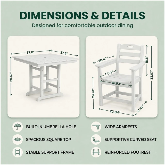 Alt view image 3 of 3 - HDPE 3 Piece Outdoor Patio Dining Set with Square Table and Armchairs, White, Patio Furniture Sets