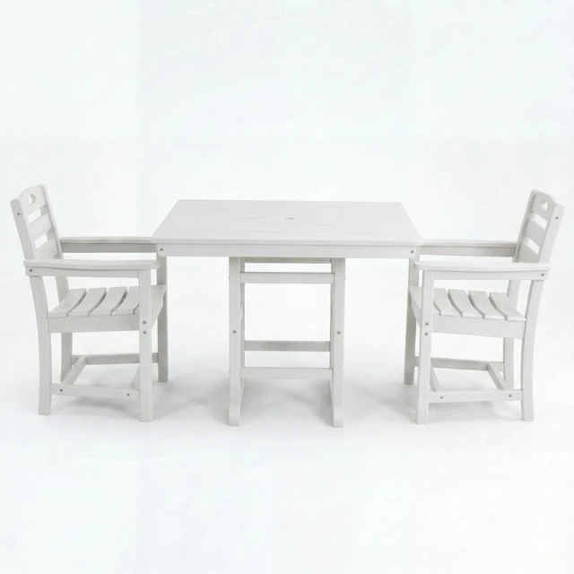 Alt view image 2 of 3 - HDPE 3 Piece Outdoor Patio Dining Set with Square Table and Armchairs, White, Patio Furniture Sets