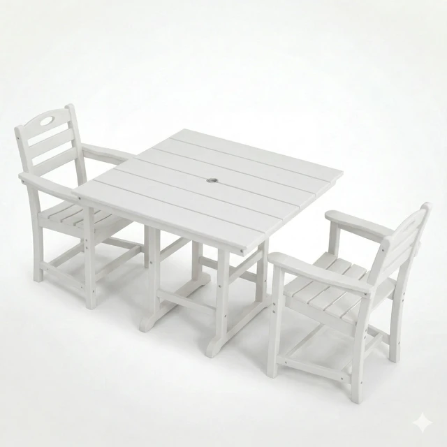 Main image of HDPE 3 Piece Outdoor Patio Dining Set with Square Table and Armchairs, White, Patio Furniture Sets