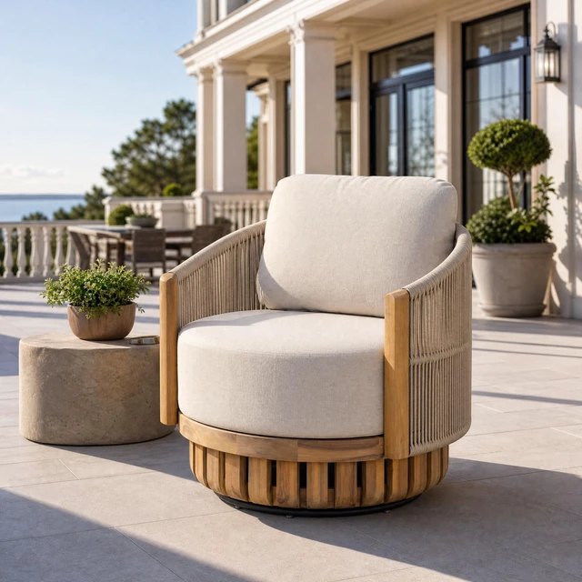 Main image of Patio 360° Swivel Lounge Chair, Teak Finish Handwoven Metal Rope Outdoor Club Chair with Beige Cushion Single Outdoor
