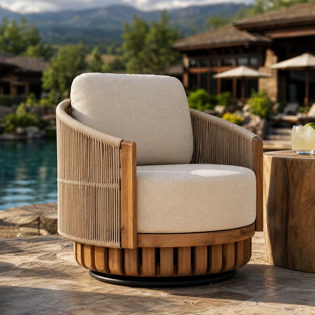 Alt view image 2 of 7 - Patio 360° Swivel Lounge Chair, Teak Finish Handwoven Metal Rope Outdoor Club Chair with Beige Cushion Single Outdoor