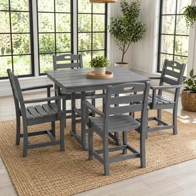 Main image of 5 Piece Outdoor Patio HDPE Dining Set, Square Table with Armchairs, Gray, Patio Furniture Sets