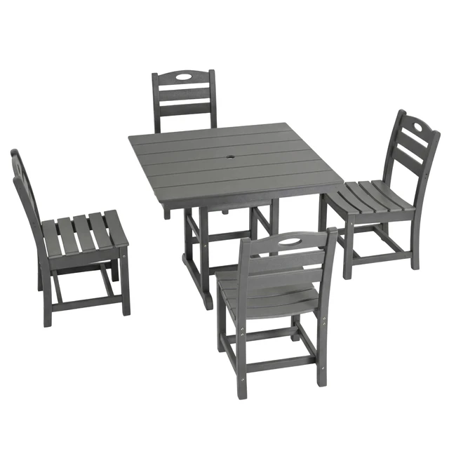 Alt view image 3 of 3 - HDPE 5 Piece Outdoor Patio Dining Set with Square Table, Chairs and Umbrella Hole, Gray, Patio Furniture Sets