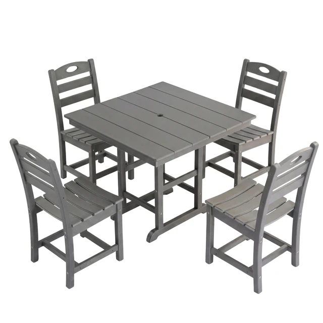 Alt view image 2 of 3 - HDPE 5 Piece Outdoor Patio Dining Set with Square Table, Chairs and Umbrella Hole, Gray, Patio Furniture Sets