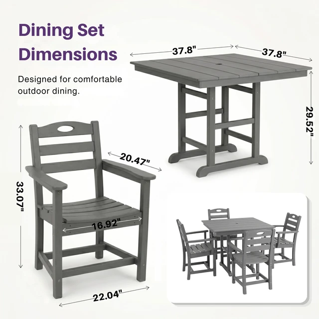 Alt view image 3 of 6 - 5 Piece Outdoor Patio HDPE Dining Set, Square Table with Armchairs, Gray, Patio Furniture Sets