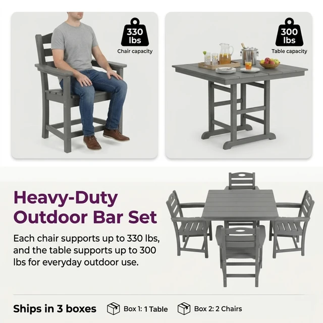 Alt view image 4 of 6 - 5 Piece Outdoor Patio HDPE Dining Set, Square Table with Armchairs, Gray, Patio Furniture Sets