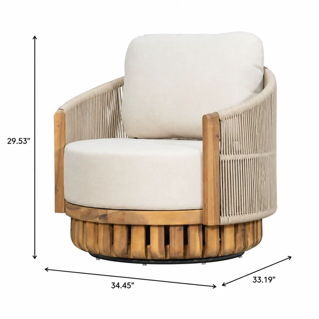 Alt view image 5 of 7 - Patio 360° Swivel Lounge Chair, Teak Finish Handwoven Metal Rope Outdoor Club Chair with Beige Cushion Single Outdoor