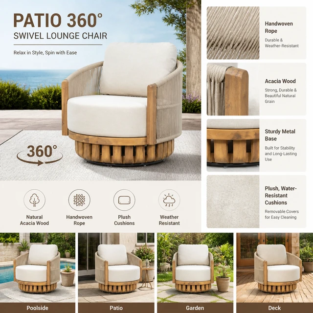 Alt view image 4 of 7 - Patio 360° Swivel Lounge Chair, Teak Finish Handwoven Metal Rope Outdoor Club Chair with Beige Cushion Single Outdoor