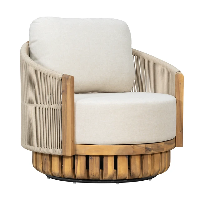 Alt view image 6 of 7 - Patio 360° Swivel Lounge Chair, Teak Finish Handwoven Metal Rope Outdoor Club Chair with Beige Cushion Single Outdoor