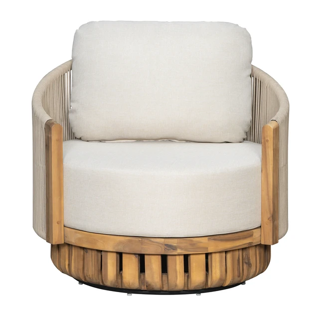 Alt view image 7 of 7 - Patio 360° Swivel Lounge Chair, Teak Finish Handwoven Metal Rope Outdoor Club Chair with Beige Cushion Single Outdoor