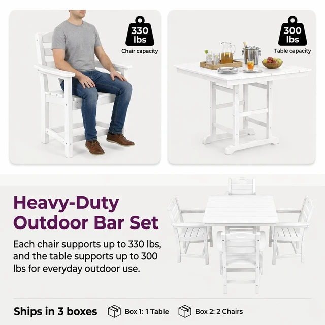 Alt view image 3 of 6 - HDPE 5 Piece Outdoor Patio Dining Set with Square Table, Umbrella Hole and Armchairs, White, Patio Furniture Sets