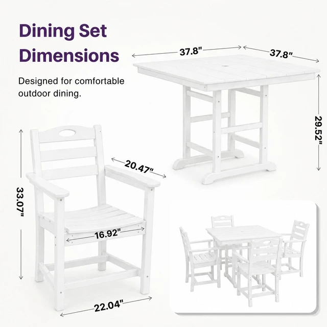 Alt view image 4 of 6 - HDPE 5 Piece Outdoor Patio Dining Set with Square Table, Umbrella Hole and Armchairs, White, Patio Furniture Sets