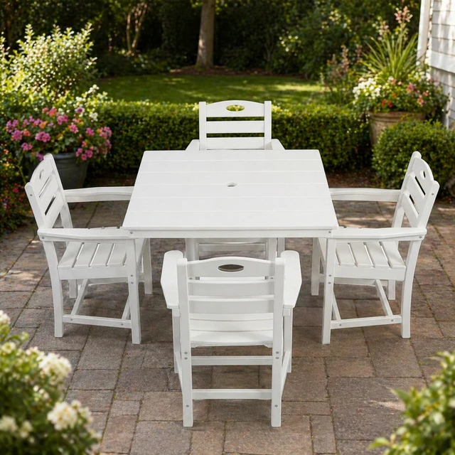 Alt view image 2 of 6 - HDPE 5 Piece Outdoor Patio Dining Set with Square Table, Umbrella Hole and Armchairs, White, Patio Furniture Sets