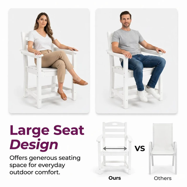 Alt view image 5 of 6 - HDPE 5 Piece Outdoor Patio Dining Set with Square Table, Umbrella Hole and Armchairs, White, Patio Furniture Sets