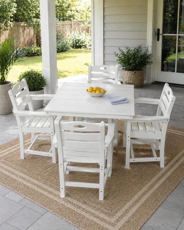 Main image of HDPE 5 Piece Outdoor Patio Dining Set with Square Table, Umbrella Hole and Armchairs, White, Patio Furniture Sets
