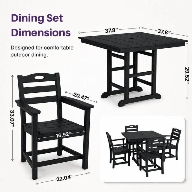 Alt view image 2 of 5 - HDPE 5 Piece Outdoor Patio Dining Set with Square Table, Umbrella Hole and Armchairs, Black, Patio Furniture Sets