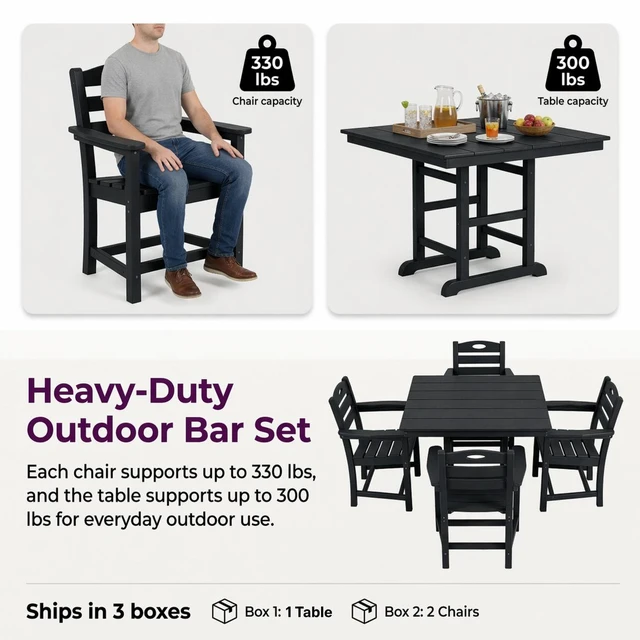Alt view image 3 of 5 - HDPE 5 Piece Outdoor Patio Dining Set with Square Table, Umbrella Hole and Armchairs, Black, Patio Furniture Sets