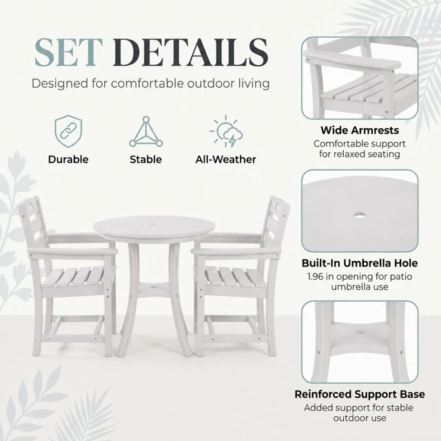 Alt view image 3 of 4 - HDPE 3 Piece Outdoor Bar Height Bistro Set with Round Table, Umbrella Hole and Armchairs, White, Patio Furniture Sets