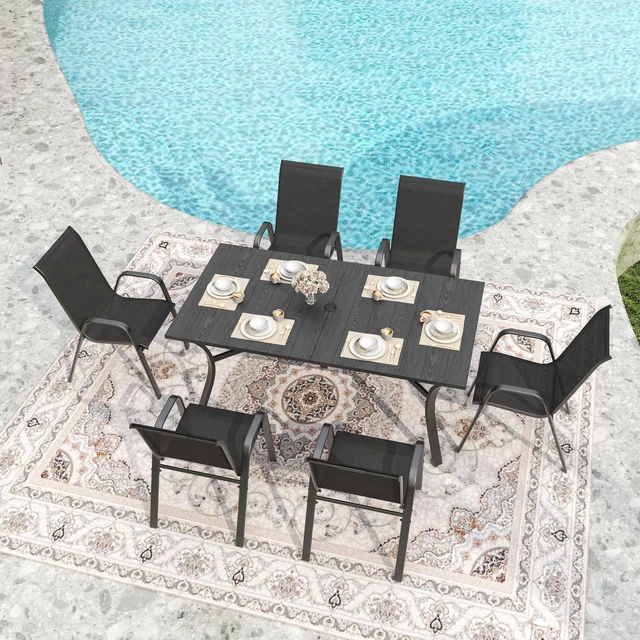 Main image of 7 Piece Outdoor Patio Dining Set, Inchx 38 Inch Rectangular Wood Grain Metal Table Umbrella Hole Ergonomic Chairs 350