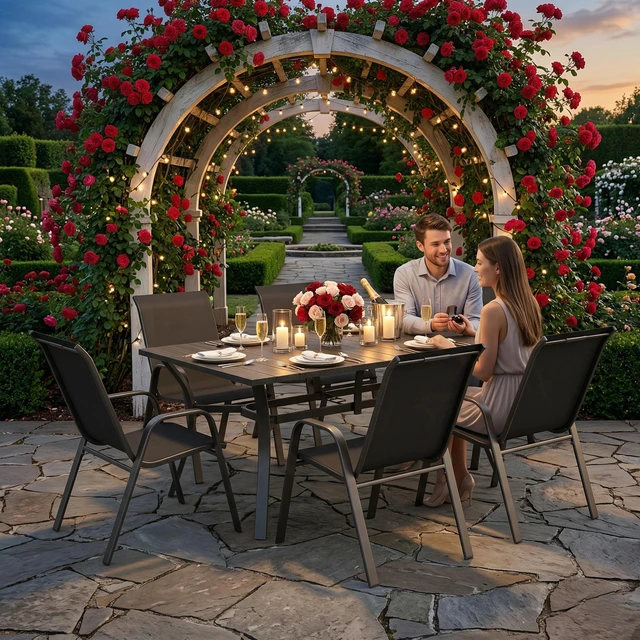 Alt view image 4 of 7 - 7 Piece Outdoor Patio Dining Set, Inchx 38 Inch Rectangular Wood Grain Metal Table Umbrella Hole Ergonomic Chairs 350