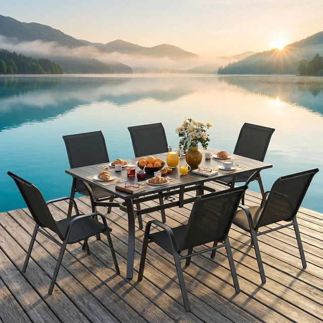 Alt view image 3 of 7 - 7 Piece Outdoor Patio Dining Set, Inchx 38 Inch Rectangular Wood Grain Metal Table Umbrella Hole Ergonomic Chairs 350
