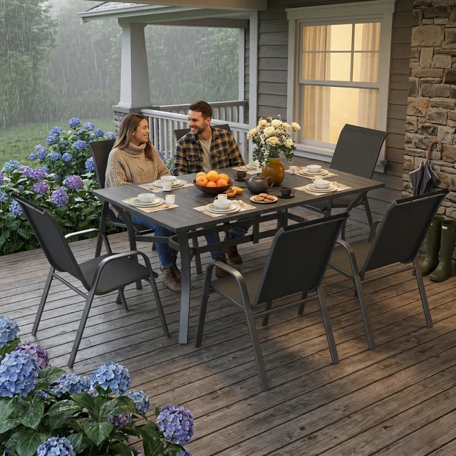 Alt view image 2 of 7 - 7 Piece Outdoor Patio Dining Set, Inchx 38 Inch Rectangular Wood Grain Metal Table Umbrella Hole Ergonomic Chairs 350