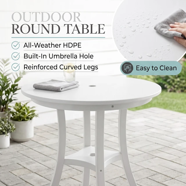 Alt view image 4 of 4 - HDPE 3 Piece Outdoor Bar Height Bistro Set with Round Table, Umbrella Hole and Armchairs, White, Patio Furniture Sets
