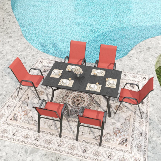 Alt view image 3 of 7 - 7 Piece Outdoor Patio Dining Set, Inchx 38 Inch Rectangular Wood Grain Metal Table Umbrella Hole Ergonomic Chairs 350