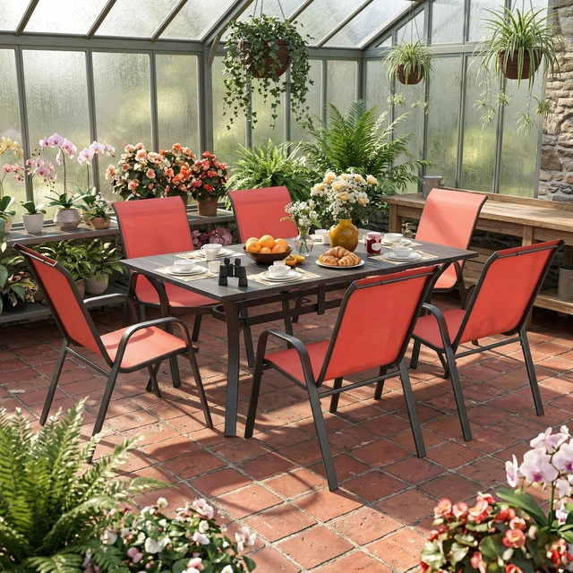 Alt view image 2 of 7 - 7 Piece Outdoor Patio Dining Set, Inchx 38 Inch Rectangular Wood Grain Metal Table Umbrella Hole Ergonomic Chairs 350