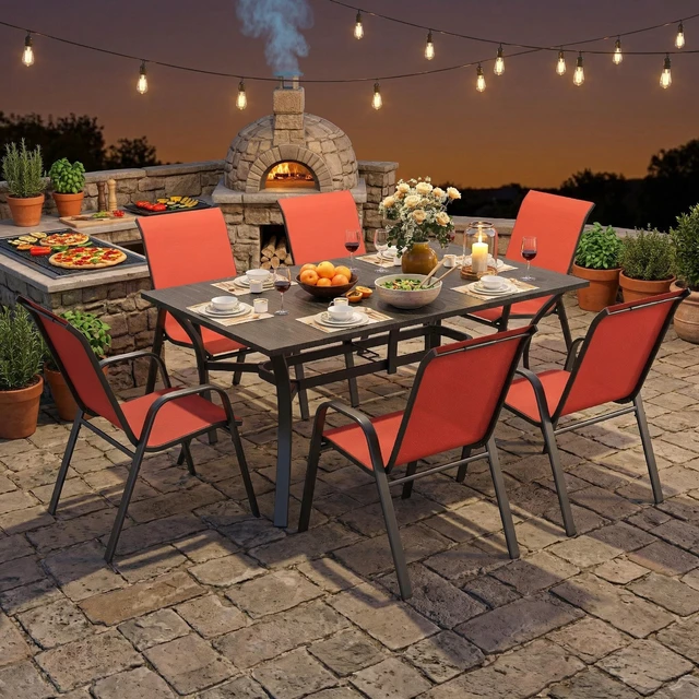 Alt view image 6 of 7 - 7 Piece Outdoor Patio Dining Set, Inchx 38 Inch Rectangular Wood Grain Metal Table Umbrella Hole Ergonomic Chairs 350