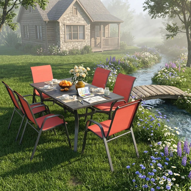 Alt view image 5 of 7 - 7 Piece Outdoor Patio Dining Set, Inchx 38 Inch Rectangular Wood Grain Metal Table Umbrella Hole Ergonomic Chairs 350
