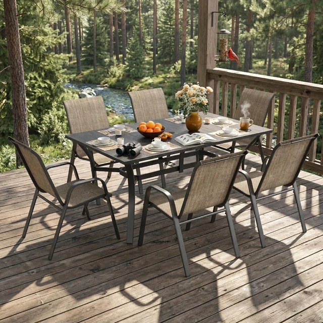 Alt view image 2 of 7 - 7 Piece Outdoor Patio Dining Set, Inchx 38 Inch Rectangular Wood Grain Metal Table Umbrella Hole Ergonomic Chairs 350