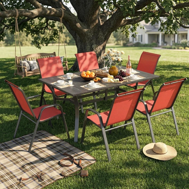 Alt view image 4 of 7 - 7 Piece Outdoor Patio Dining Set, Inchx 38 Inch Rectangular Wood Grain Metal Table Umbrella Hole Ergonomic Chairs 350