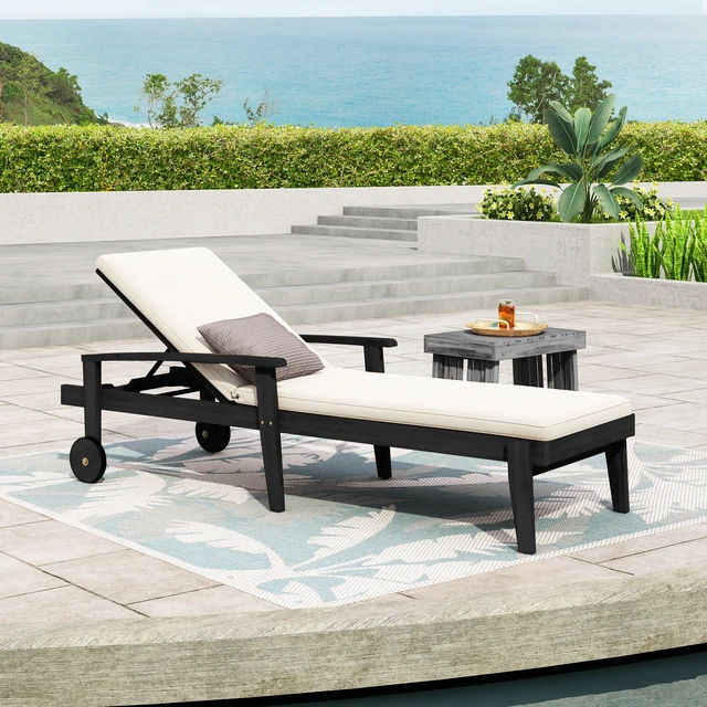 Alt view image 6 of 7 - Chaise Lounge, Black White, Acacia Wood, Patio Seating