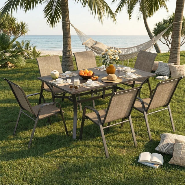 Alt view image 4 of 7 - 7 Piece Outdoor Patio Dining Set, Inchx 38 Inch Rectangular Wood Grain Metal Table Umbrella Hole Ergonomic Chairs 350