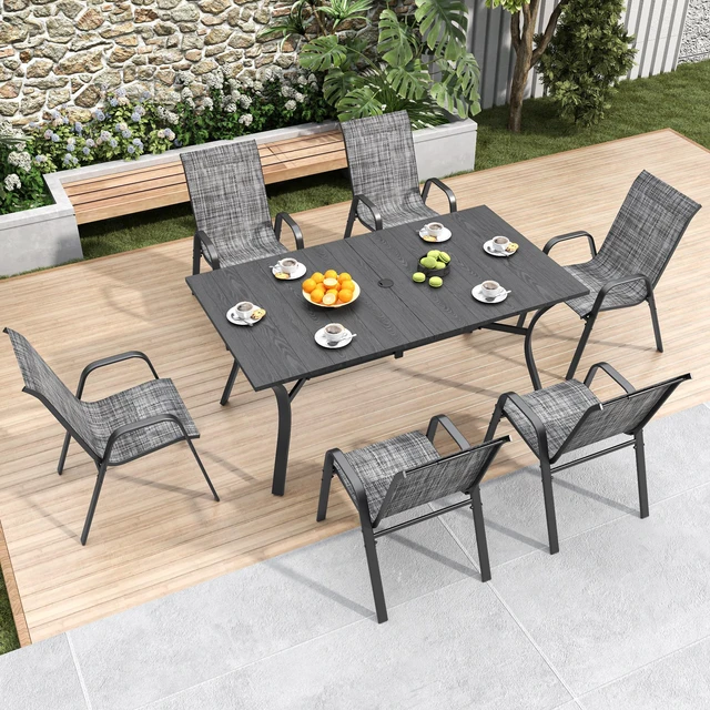 Main image of 7 Piece Outdoor Patio Dining Set, Inchx 38 Inch Rectangular Wood Grain Metal Table Umbrella Hole Ergonomic Chairs 350