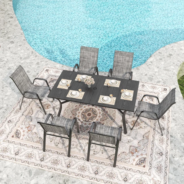 Alt view image 3 of 7 - 7 Piece Outdoor Patio Dining Set, Inchx 38 Inch Rectangular Wood Grain Metal Table Umbrella Hole Ergonomic Chairs 350