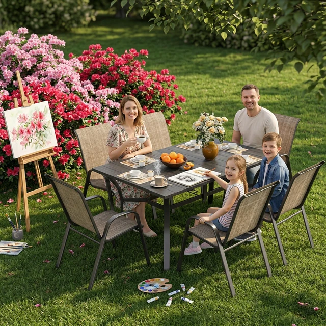 Alt view image 5 of 7 - 7 Piece Outdoor Patio Dining Set, Inchx 38 Inch Rectangular Wood Grain Metal Table Umbrella Hole Ergonomic Chairs 350