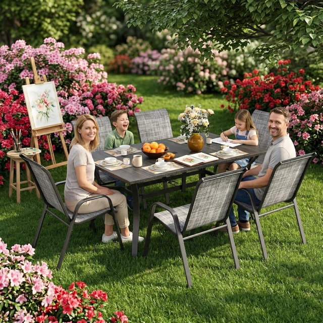 Alt view image 5 of 7 - 7 Piece Outdoor Patio Dining Set, Inchx 38 Inch Rectangular Wood Grain Metal Table Umbrella Hole Ergonomic Chairs 350