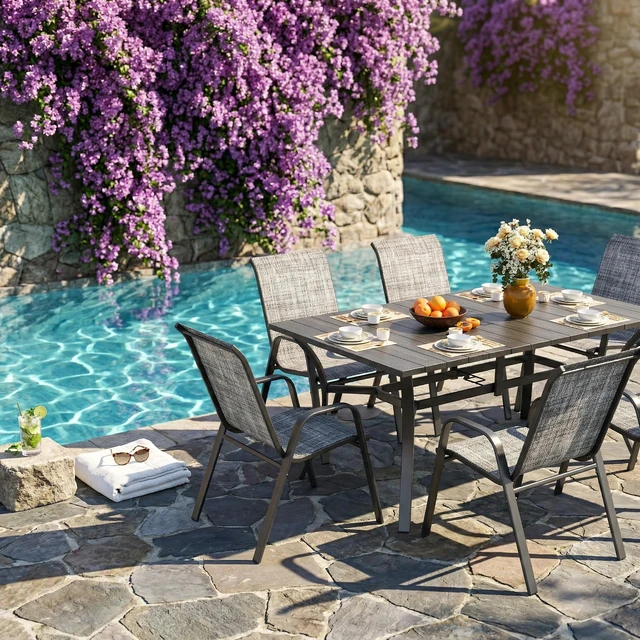 Alt view image 4 of 7 - 7 Piece Outdoor Patio Dining Set, Inchx 38 Inch Rectangular Wood Grain Metal Table Umbrella Hole Ergonomic Chairs 350