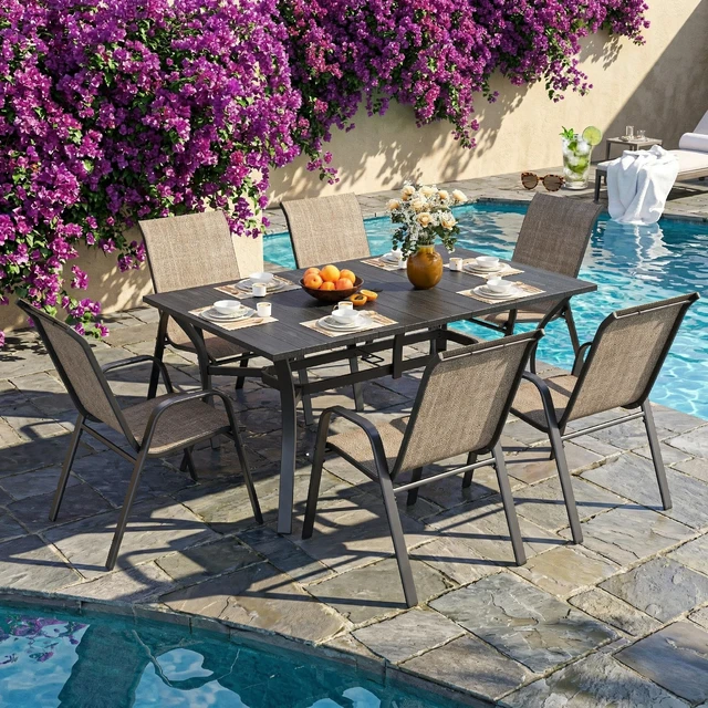 Alt view image 7 of 7 - 7 Piece Outdoor Patio Dining Set, Inchx 38 Inch Rectangular Wood Grain Metal Table Umbrella Hole Ergonomic Chairs 350