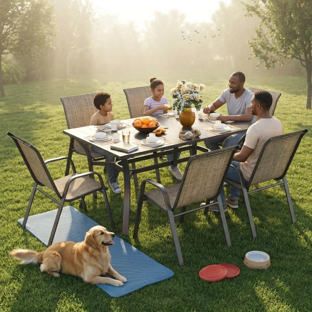 Alt view image 6 of 7 - 7 Piece Outdoor Patio Dining Set, Inchx 38 Inch Rectangular Wood Grain Metal Table Umbrella Hole Ergonomic Chairs 350